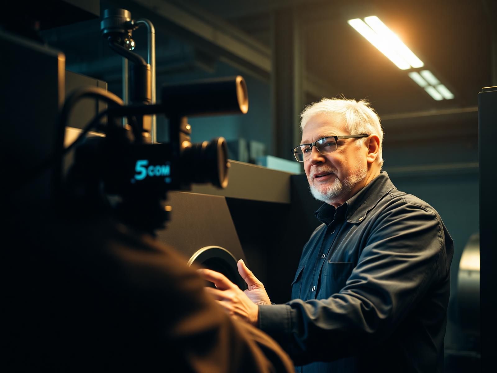 Senior factory engineer being recorded sharing expertise at a machine